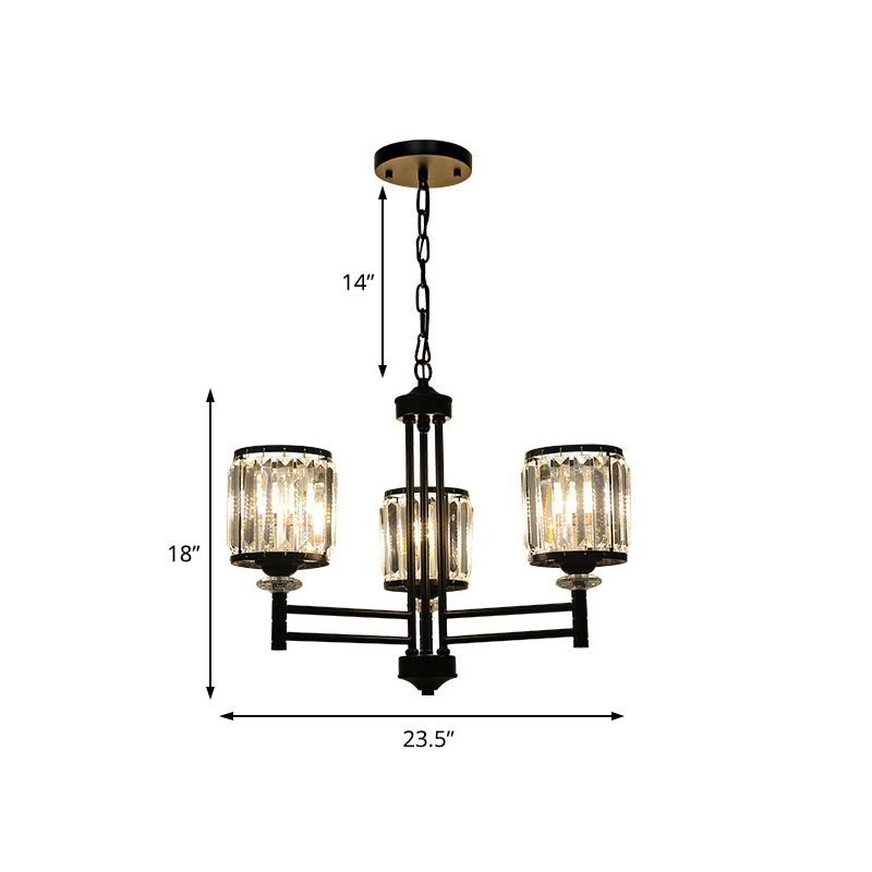 Retro Cylindrical Chandelier Pendant Light - Black Finish Crystal Accent Adjustable Chain 3/6/8