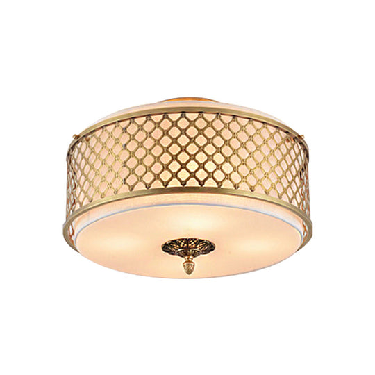 Classic Drum Metal Flush Mount Lamp Brass Finish 4/5 Lights 16/19.5 Wide Living Room Ceiling