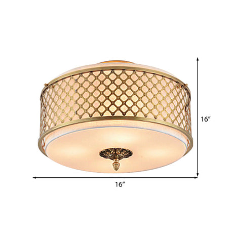 Classic Drum Metal Flush Mount Lamp Brass Finish 4/5 Lights 16/19.5 Wide Living Room Ceiling