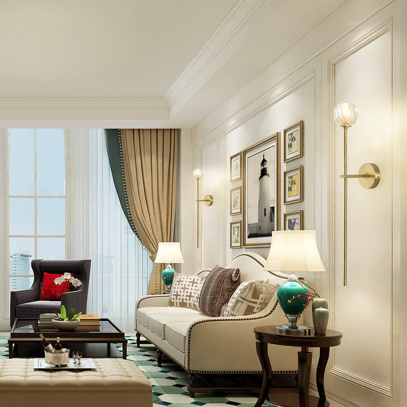 Brass Faceted Sconce With Crystal Shade - Minimalist Wall Mounted Light Fixture