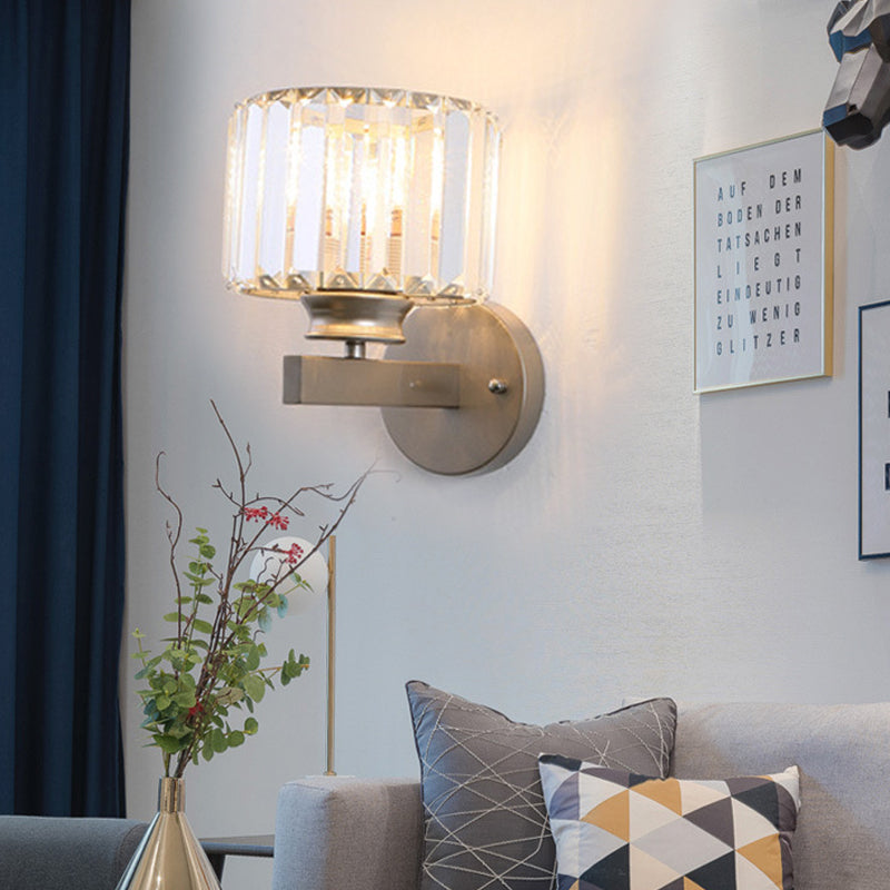 Contemporary Crystal Nickel Drum Sconce Light For Bedroom Wall