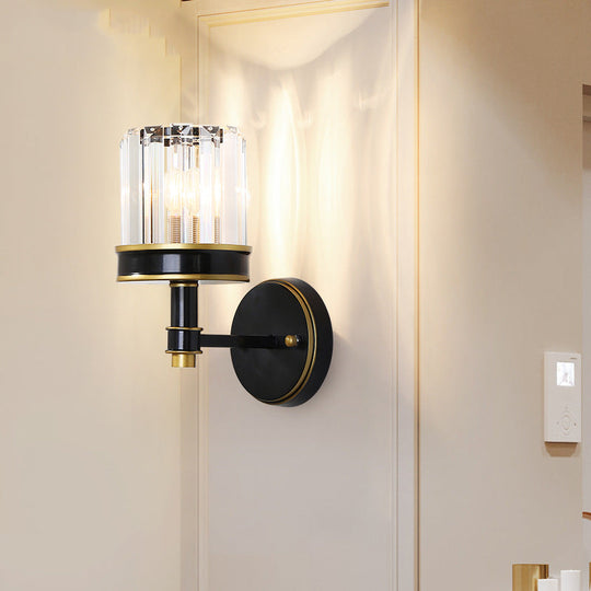 Modern Crystal Cylinder Wall Light - Black Flush Mount Sconce For Hallway