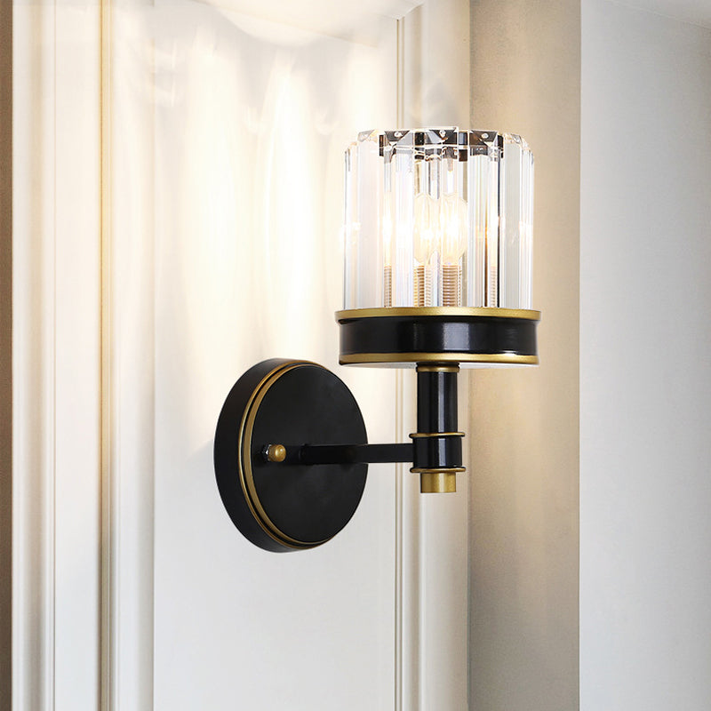 Modern Crystal Cylinder Wall Light - Black Flush Mount Sconce For Hallway