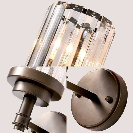 Contemporary Bronze Wall Sconce With Ribbed Crystal Shade - 1 Light Fixture For Hallway