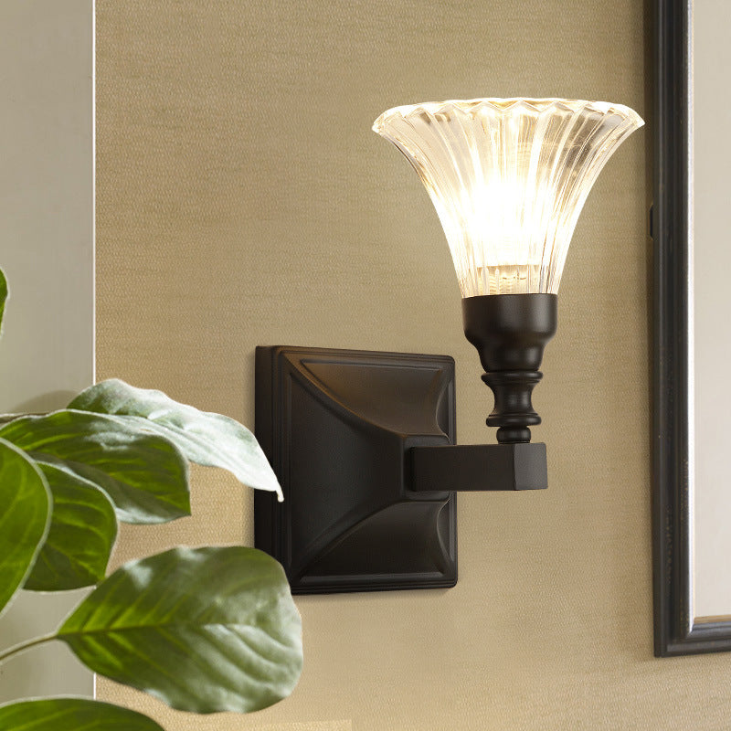 Modern Black Wide Flare Flush Mount Wall Sconce With Crystal Accent Bedside Light Fixture