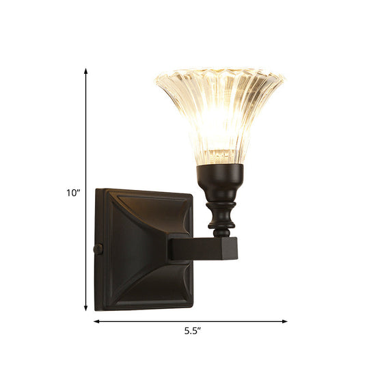 Modern Black Wide Flare Flush Mount Wall Sconce With Crystal Accent Bedside Light Fixture