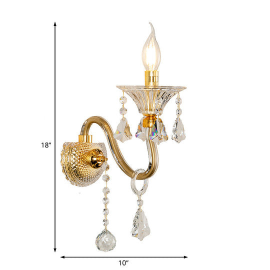 Mid-Century 1/2 Lights Wall Sconce With Brass Candle Design And Crystal Shade