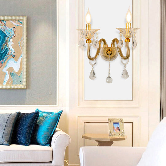 Mid-Century 1/2 Lights Wall Sconce With Brass Candle Design And Crystal Shade