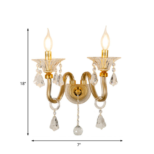 Mid-Century 1/2 Lights Wall Sconce With Brass Candle Design And Crystal Shade