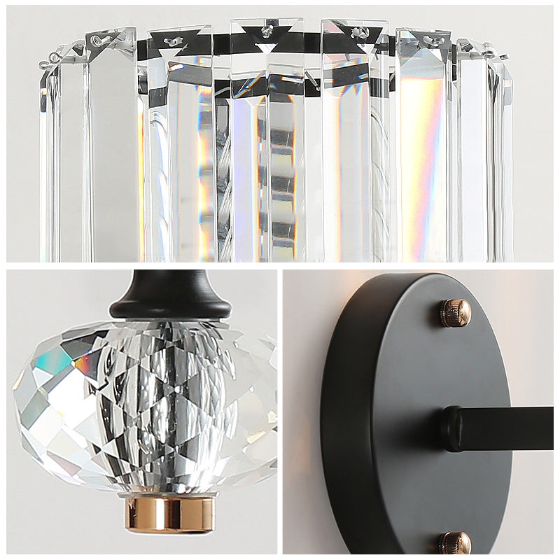 Modern Black Crystal Wall Sconce For Living Room - Flush Mount Drum Light