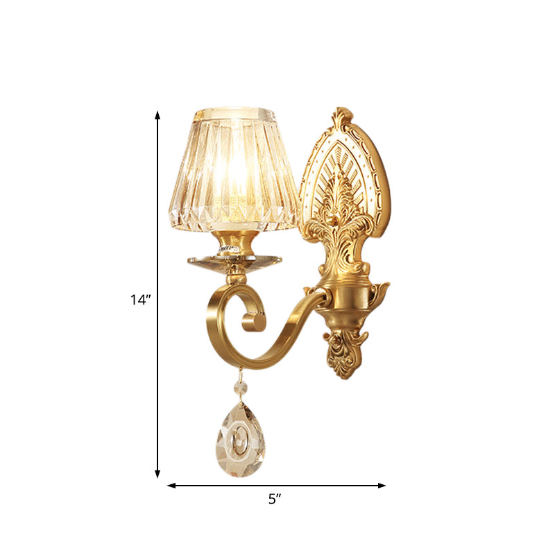 Mid-Century Gold Tapered Flush Mount Wall Sconce - 1 Light Crystal Fixture For Living Room