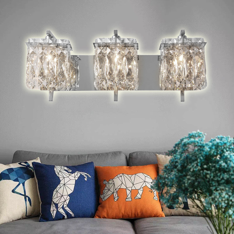 Modern Crystal Rectangle Wall Light With 1/2/3 Lights - Flush Mount Sconce In Chrome/Gold For Living