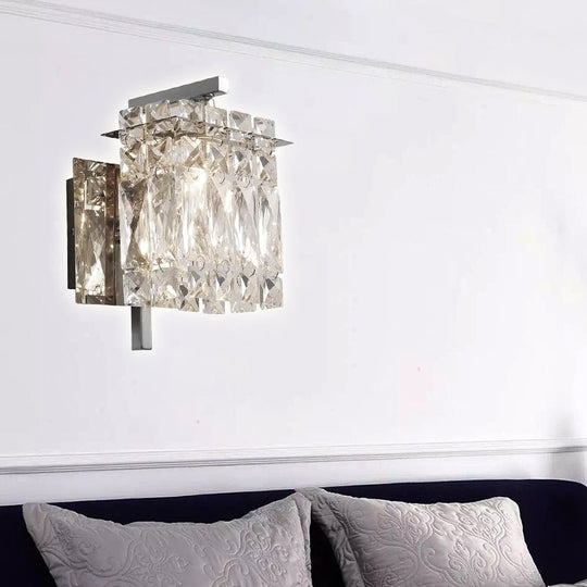 Modern Crystal Rectangle Wall Light With 1/2/3 Lights - Flush Mount Sconce In Chrome/Gold For Living