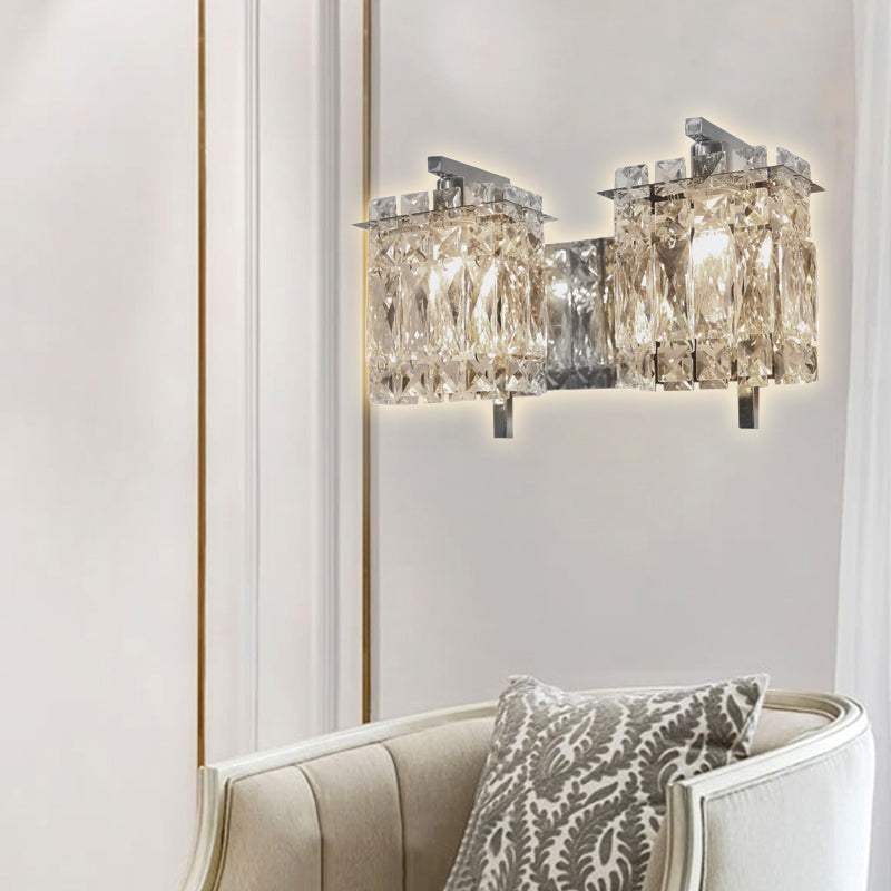 Modern Crystal Rectangle Wall Light With 1/2/3 Lights - Flush Mount Sconce In Chrome/Gold For Living