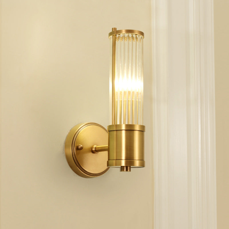 Modern Brass Wall Sconce With Crystal Cylinder Shade - Ideal For Hallways And Mount Lighting
