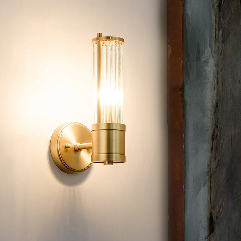 Modern Brass Wall Sconce With Crystal Cylinder Shade - Ideal For Hallways And Mount Lighting 1 /