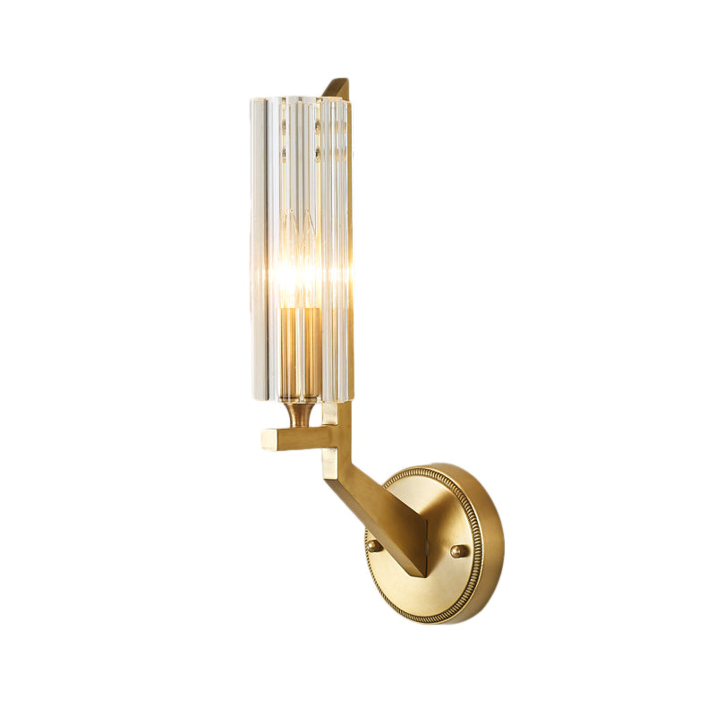 Minimalistic 1-Light Brass Flush Wall Sconce For Bedside - Crystal Tube/Cup/Flat Mounted Lamp