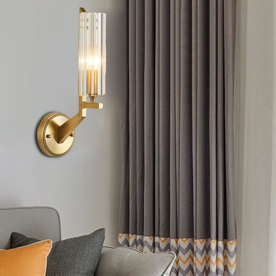 Minimalistic 1-Light Brass Flush Wall Sconce For Bedside - Crystal Tube/Cup/Flat Mounted Lamp / A