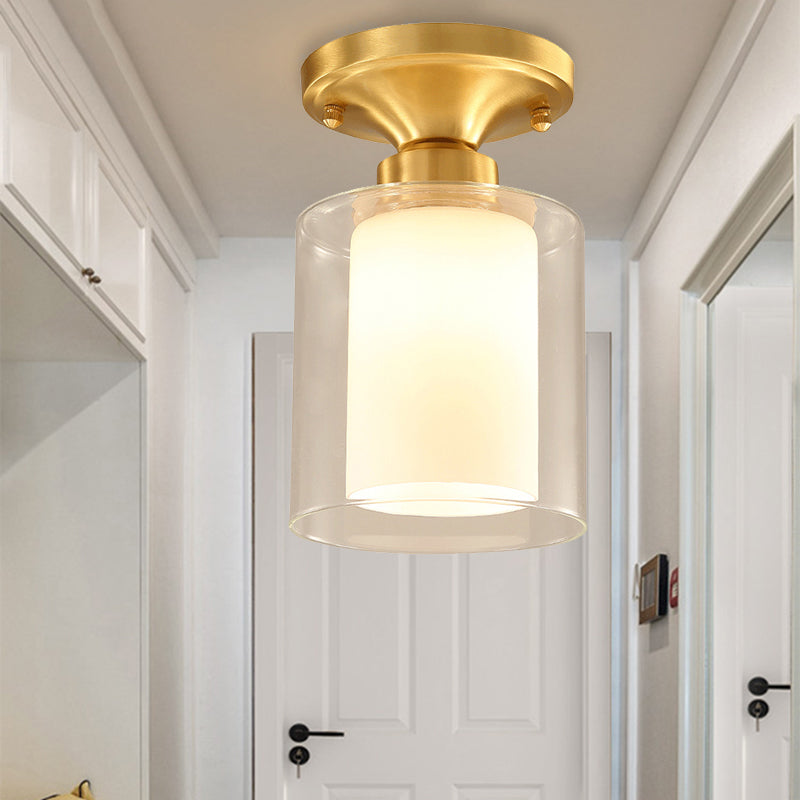 Classic Clear Glass Flush Mount Lamp - Gold Cylinder Ceiling Light Fixture For Living Room