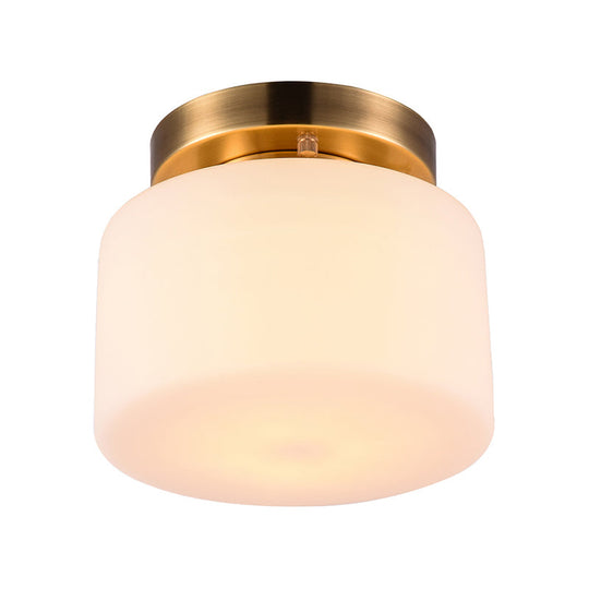 Traditional Brass Ceiling Light: White Glass Drum Flushmount For Living Room