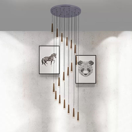 Minimalist Spiral Design Gold Cone Pendant With 19 Bulb Acrylic Stair Multi-Lamp Hanging Light
