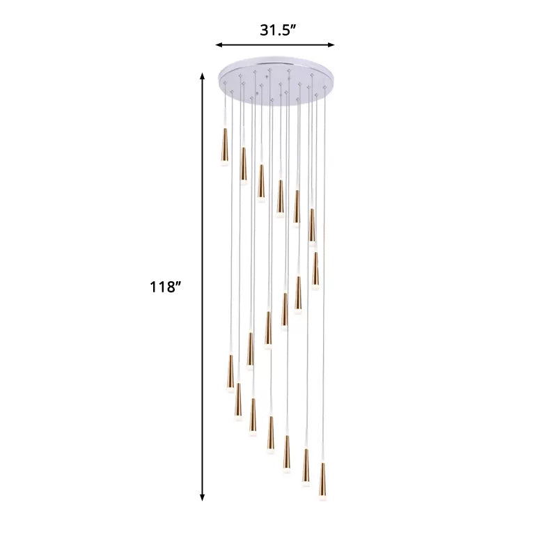 Spiral Design Gold Cone Pendant Light Fixture With 19 Minimalist Acrylic Bulbs - Stair Multi Lamp