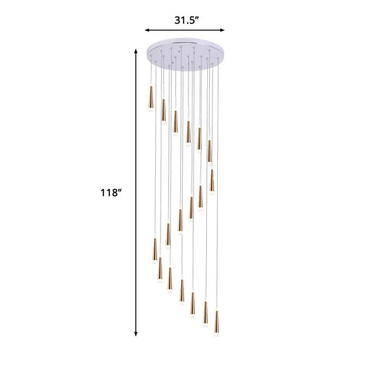 Spiral Design Gold Cone Pendant Light Fixture With 19 Minimalist Acrylic Bulbs - Stair Multi Lamp