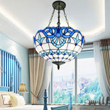 Inverted Dome Tiffany Chandelier Light Fixture - Stained Art Glass Ceiling Lighting (3 Heads)