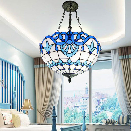Inverted Dome Tiffany Chandelier Light Fixture - Stained Art Glass Ceiling Lighting (3 Heads)