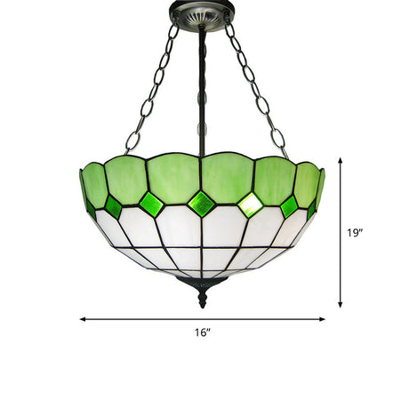 Inverted Dome Tiffany Chandelier Light Fixture - Stained Art Glass Ceiling Lighting (3 Heads)