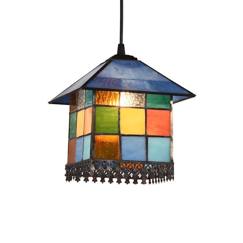 Vintage Stained Glass House Shade Pendant Ceiling Light With 1-Light Suspension