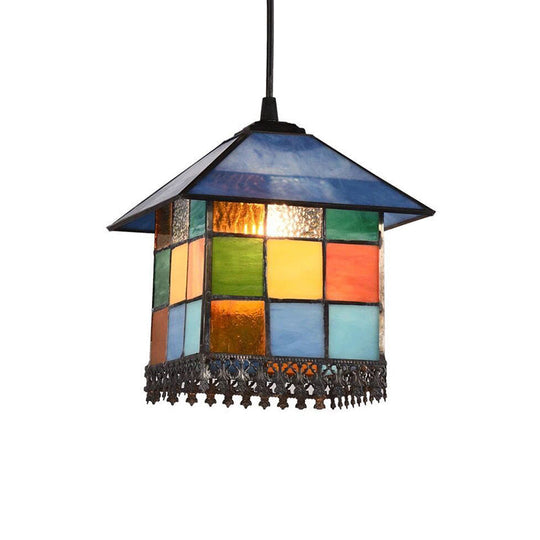 Vintage Stained Glass House Shade Pendant Ceiling Light With 1-Light Suspension
