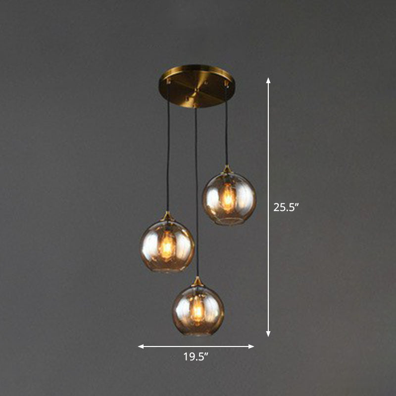 Antiqued Brass Globe Pendant Lamp With 3 Lights And Glass Shade