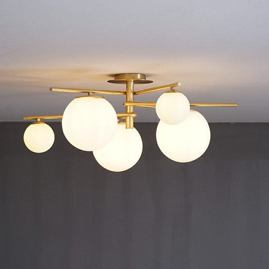 Sleek 6 - Light Gold Sputnik Semi Flush Mount Ceiling Lamp With White Glass Ball Shade
