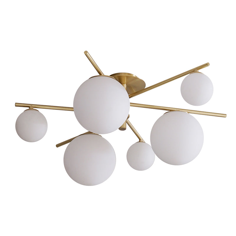Sleek 6 - Light Gold Sputnik Semi Flush Mount Ceiling Lamp With White Glass Ball Shade