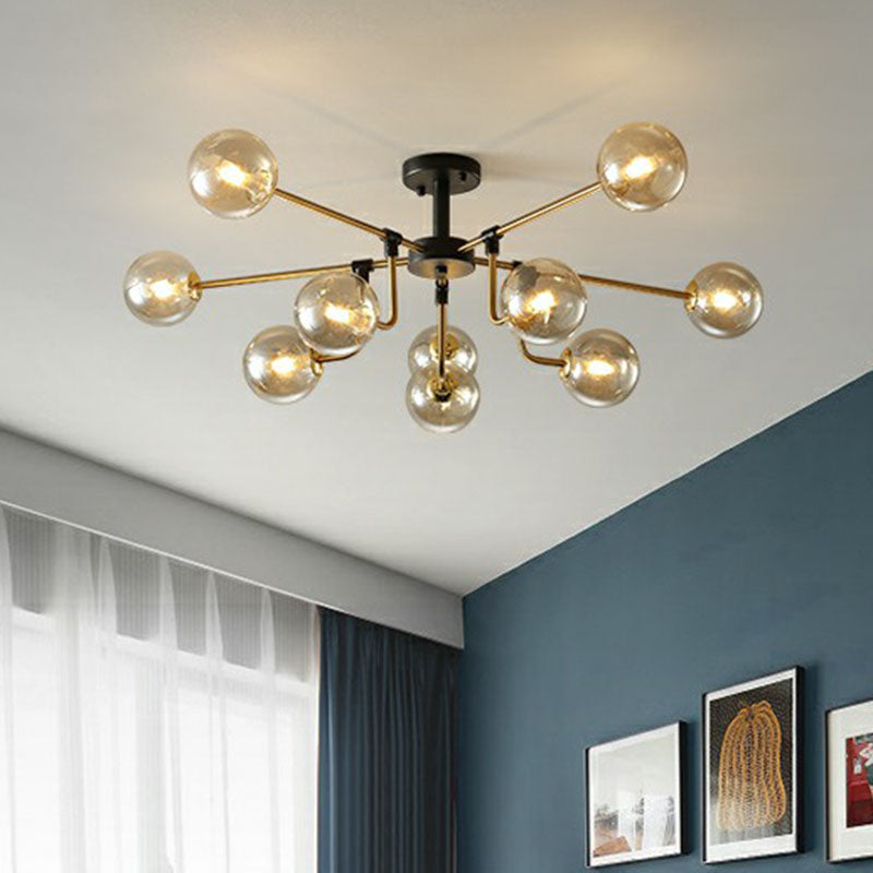 10-Light Black And Brass Chandelier With Radial Pendant Ball Glass Shade: A Postmodern Statement