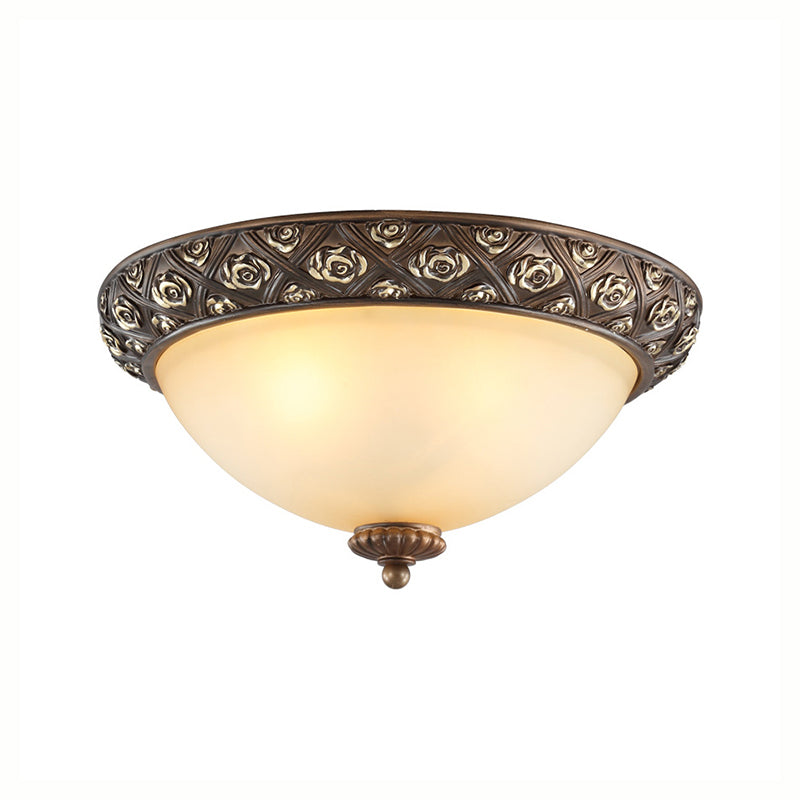 Traditional Brown Flush Light Fixture With Frosted Glass Bowl - 3 Lights Bedroom Ceiling Mount
