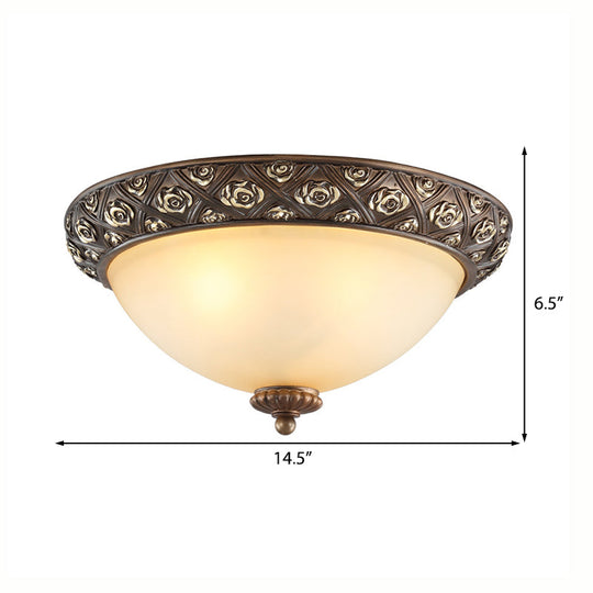 Traditional Brown Flush Light Fixture With Frosted Glass Bowl - 3 Lights Bedroom Ceiling Mount