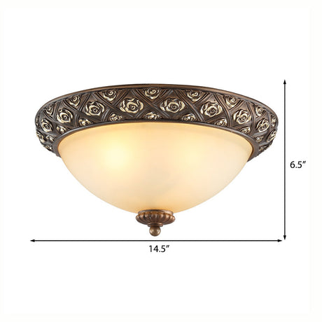 Traditional Brown Flush Light Fixture With Frosted Glass Bowl - 3 Lights Bedroom Ceiling Mount
