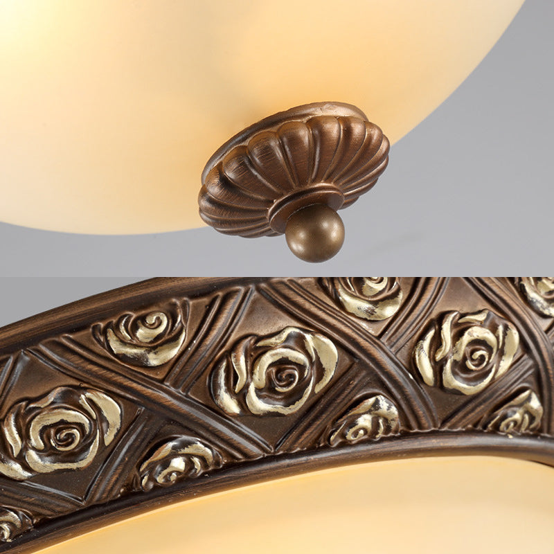 Traditional Brown Flush Light Fixture With Frosted Glass Bowl - 3 Lights Bedroom Ceiling Mount