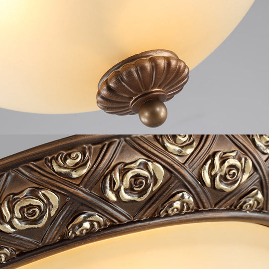Traditional Brown Flush Light Fixture With Frosted Glass Bowl - 3 Lights Bedroom Ceiling Mount