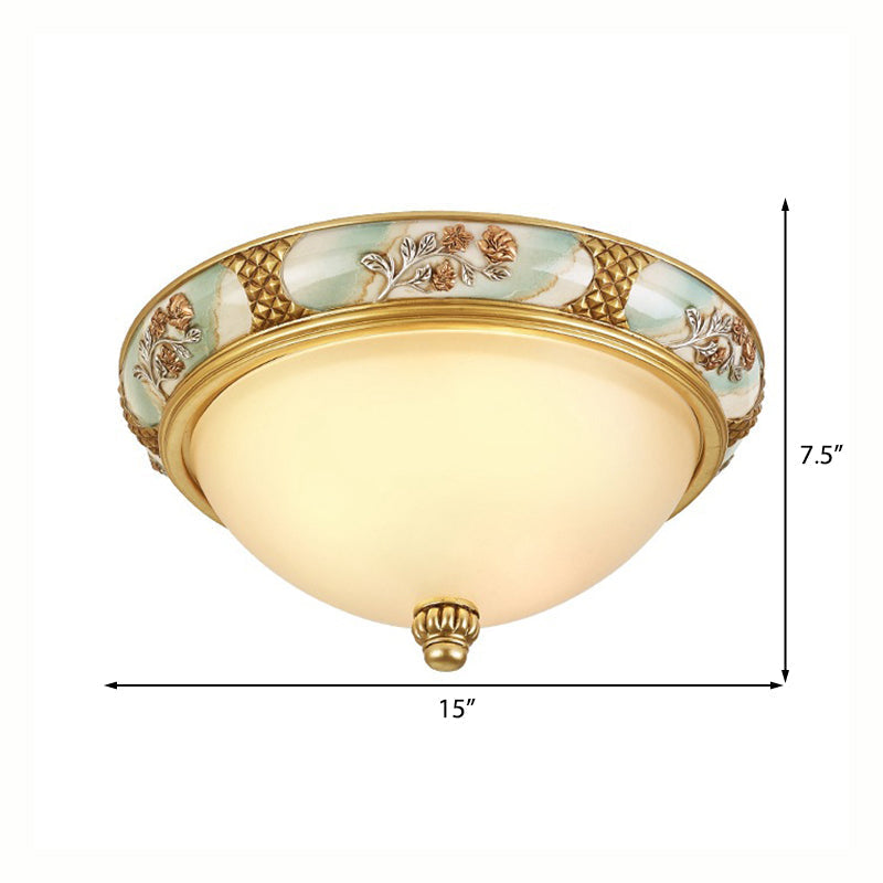 Traditional Brass Bowl Shaped Flushmount Light - Frosted Glass 3 Lights 15’/19’ Wide