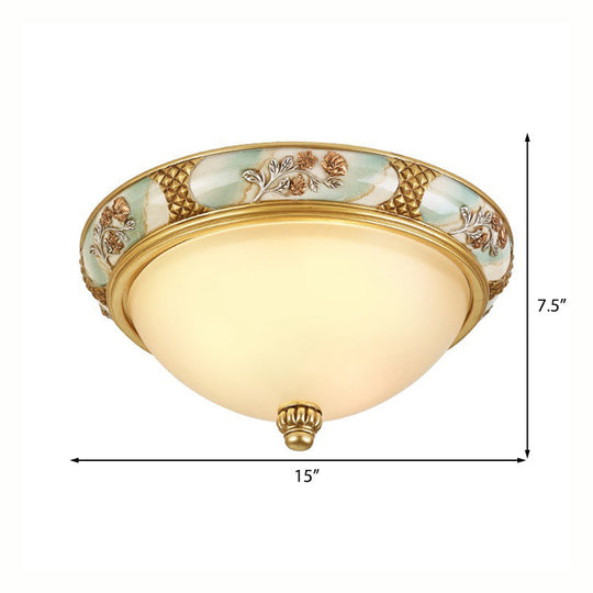 Traditional Brass Bowl Shaped Flushmount Light - Frosted Glass 3 Lights 15’/19’ Wide