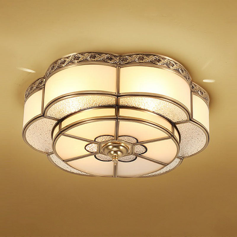 Traditional Brass Finish Ceiling Mount Lamp With Frost Glass - Flower Corridor Flush Light Fixture 6