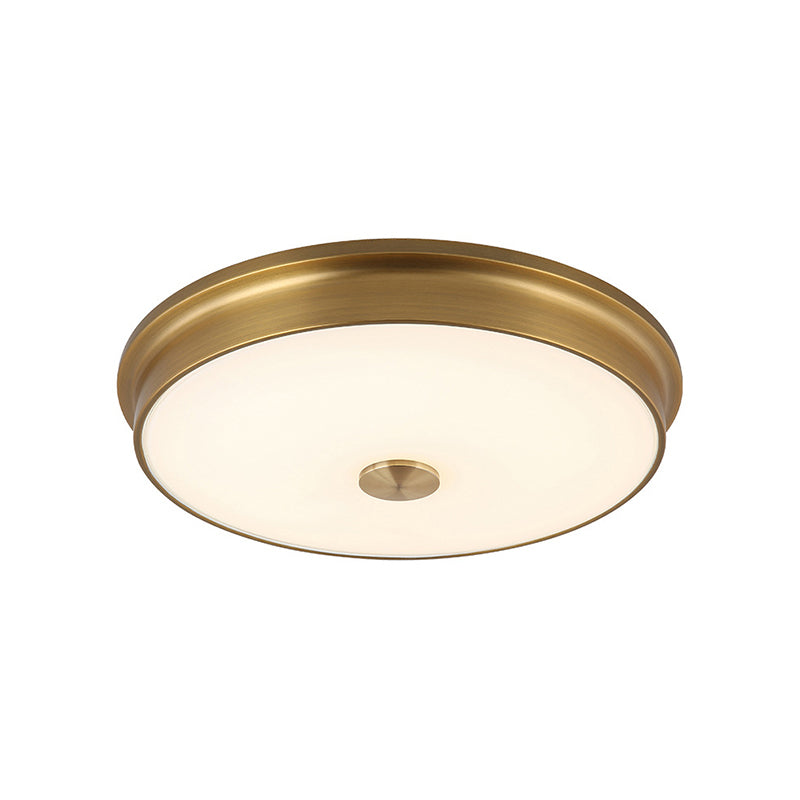 Led Drum Flush Mount Lighting White Glass Ceiling Fixture For Living Room In Warm/White Light