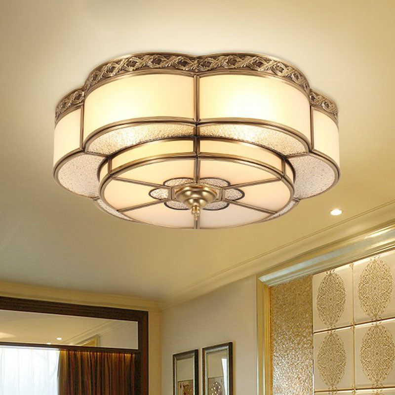 Traditional Brass Finish Ceiling Mount Lamp With Frost Glass - Flower Corridor Flush Light Fixture