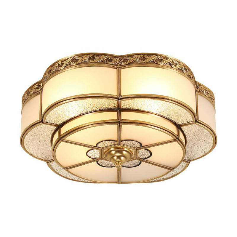 Traditional Brass Finish Ceiling Mount Lamp With Frost Glass - Flower Corridor Flush Light Fixture