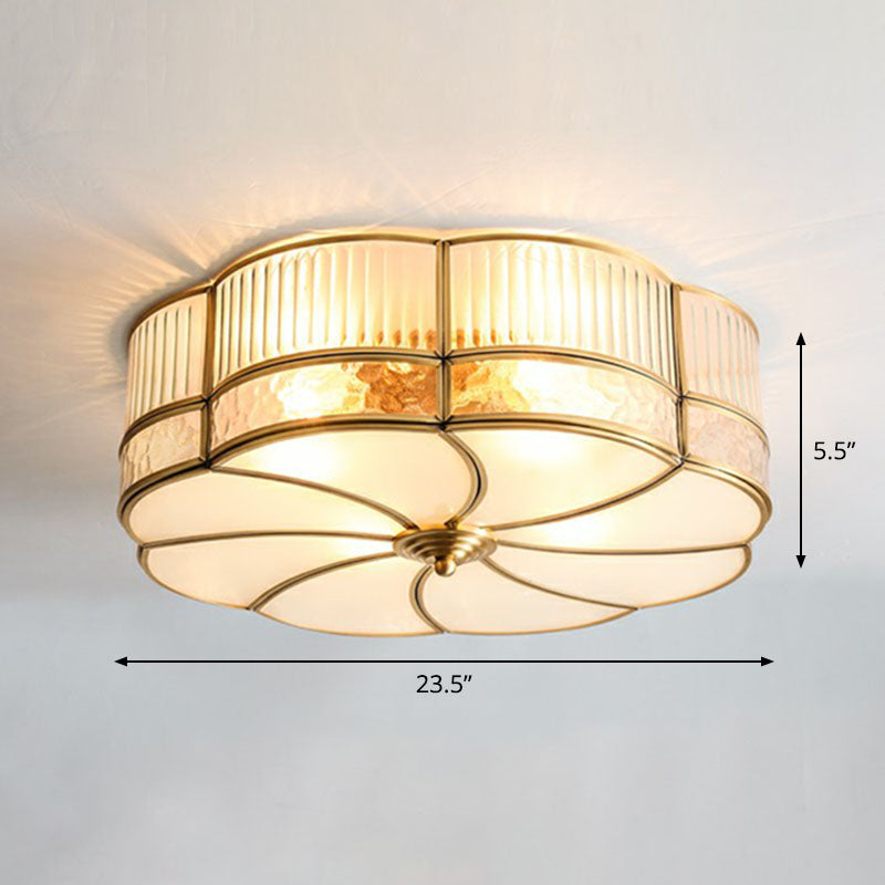 Minimalist Flower Shaped Glass Ceiling Light Fixture - Ribbed With Brass Accents Flush Mount 6 /