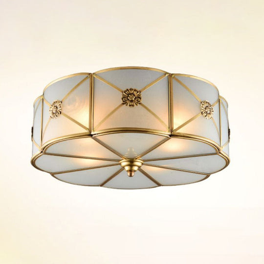 Frosted White Glass Flushmount Flower Ceiling Lamp With X - Brace In Brass - Colonial Style