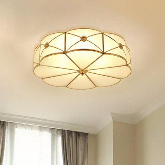 Colonial Chic Floral Bedroom Ceiling Mount Light - White Glass With Brass Finish